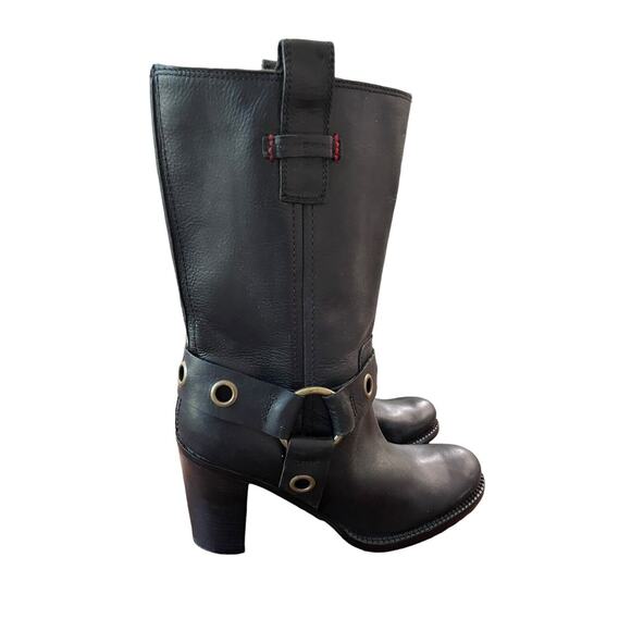 Tommy Hilfiger Black Leather Harness High Heel Mid Calf Boots Size 9 - Picture 4 of 7